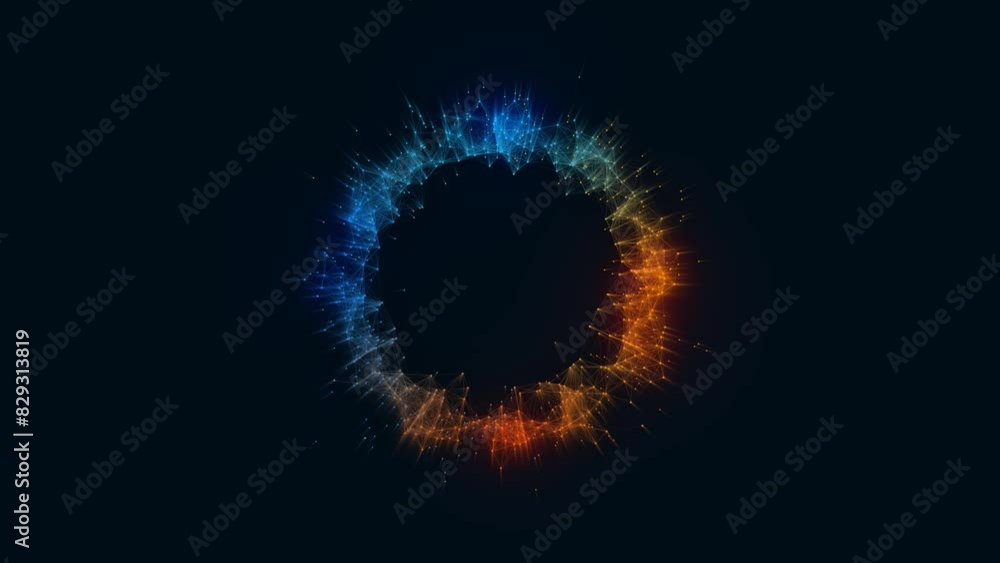 Poster animated neon ring symbol. fire and ice. glow logo frame. pattern of plexus of chaotic lines and dot