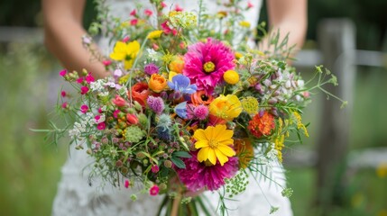 Fototapeta premium A vibrant bouquet of boldhued wildflowers with touches of greenery poking through.
