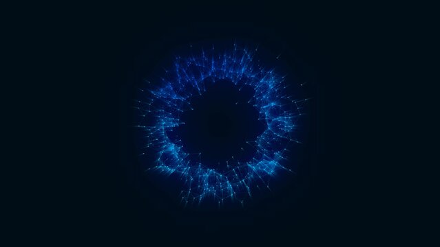 Animated neon linear ring symbol. Glow logo frame. Pattern of plexus chaotic lines and dots. Circle of pure energy. Screensaver is cosmic. Intro for technology, presentation, business . 4k