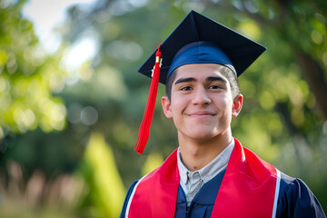 Smiling male graduate in cap and gown with red sash, standing in a lush green outdoor setting, celebrating academic success
