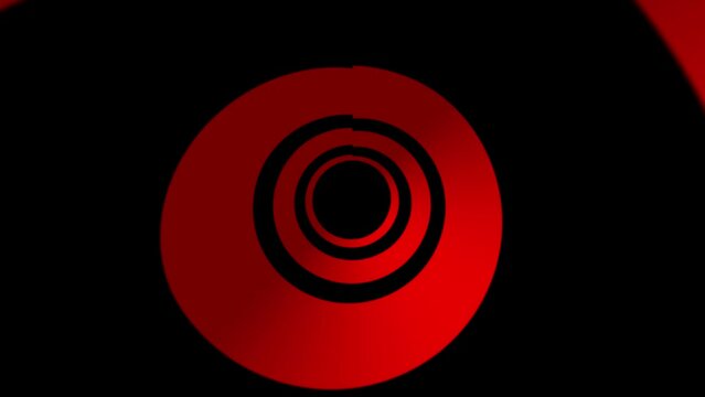 Optical art red and black animation of a group of circles spinning in place off-center. Seamless loop
