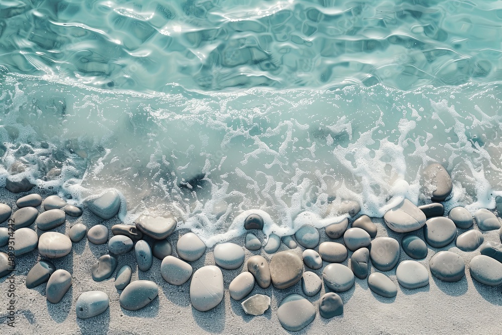 Sticker Hexagon-Shaped Pebbles: Geometric hexagon-shaped pebbles placed on a white sandy beach