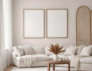 Frame mockup, ISO A paper size. Living room poster mockup. Modern interior design. Living room Interior mockup with house background. 3D render