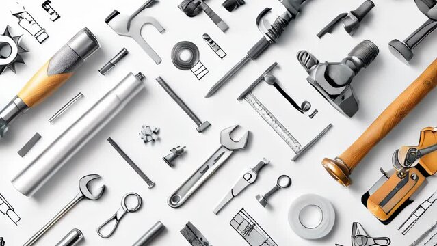 Various types of tools on a table, knolling style on white background