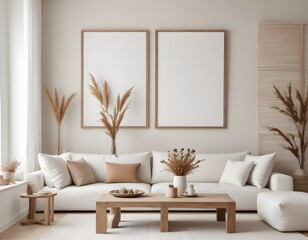 Frame mockup, ISO A paper size. Living room poster mockup. Modern interior design. Living room Interior mockup with house background. 3D render