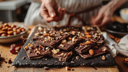 Artisan Chocolate Bark adorned with Nuts and Dried Fruits on a Modern Kitchen Countertop