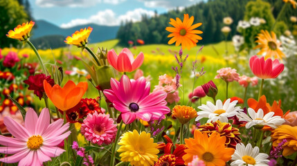 Obraz premium Vibrant Summer Flower Field with Colorful Blossoms Against a Clear Blue Sky: Close-Up of Pink, Yellow, and Red Flowers in Full Bloom with Scenic Mountain Background