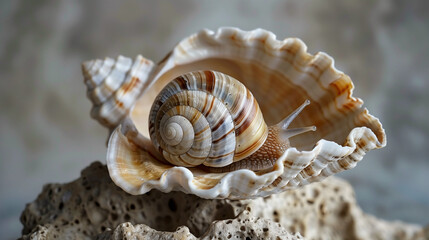 Obraz premium Close-up Shot of a Snail Resting on a Seashell, Capturing the Intricate Details of Its Spiral Shell and the Textured Surface of the Coral, Perfect for Marine Life and Nature Themes