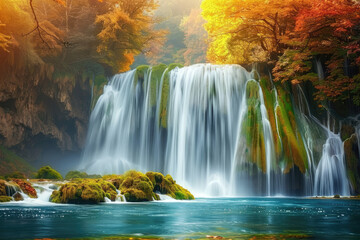 Beautiful waterfall in the forest with green mossy rocks and blue water, in an autumn nature background. - Powered by Adobe
