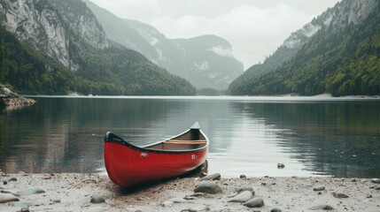 A red canoe is docked on the shore of a picturesque lake with majestic mountains towering in the background, surrounded by a serene natural landscape under a cloudy sky AIG50 - Powered by Adobe