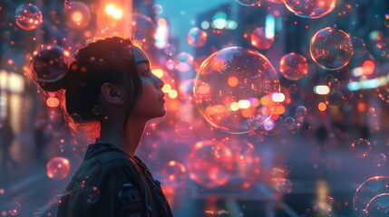 Fototapeta premium A futuristic cityscape with neon lights forming thought bubbles, showcasing a city powered by ideas and innovation.