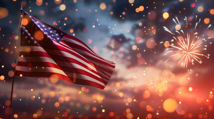 The American flag waving in the wind with fireworks in the background, celebrating the USA national holiday on July 4th in a festive concept