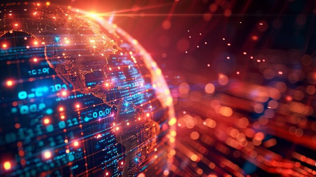 A globe with digital elements such as binary code or circuit patterns, illustrating the concept of a digital world and connectivity.