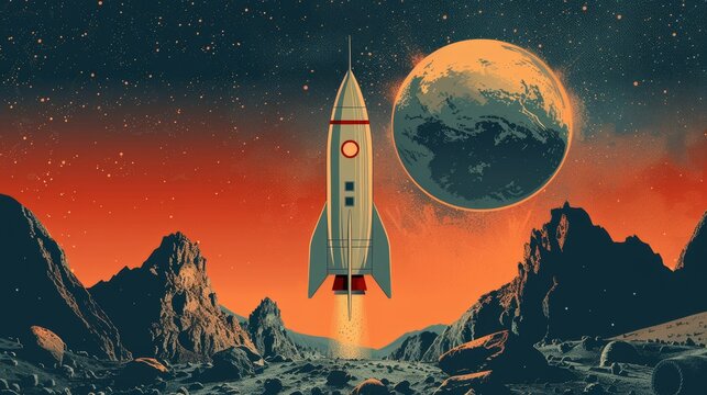 A retro-style poster featuring a classic rocket design, reminiscent of 1950s space exploration themes.