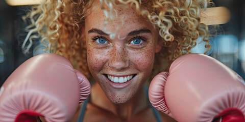 smiling blond woman with curly hair wearing boxing gloves, generative AI