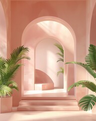Fototapeta premium minimalistic pastel-coloured interior with a podium and a n arch, the perfect perspective for a fashion photoshoot, mockup, product stage