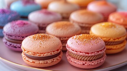 A platter of colorful macarons, arranged in a rainbow pattern.