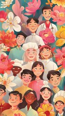 Illustration Cartoon Of People With Red Flowers
