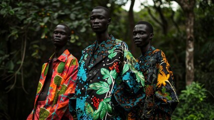 Nature-Inspired Fashion in Forest: African Models in Garments with Wild Berry and Leaf Prints