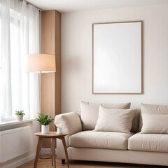 Frame mockup, ISO A paper size. Living room poster mockup. Modern interior design. Living room Interior mockup with house background. 3D render