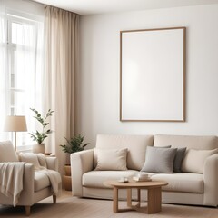 Frame mockup, ISO A paper size. Living room poster mockup. Modern interior design. Living room Interior mockup with house background. 3D render
