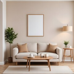 Frame mockup, ISO A paper size. Living room poster mockup. Modern interior design. Living room Interior mockup with house background. 3D render