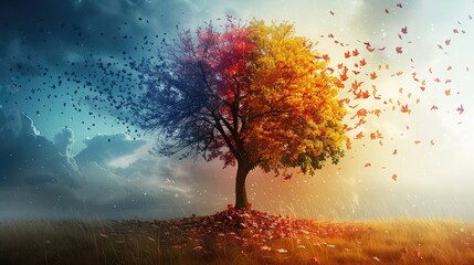 A tree with leaves changing colors, symbolizing the cycle of life and death.