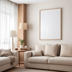 Frame mockup, ISO A paper size. Living room poster mockup. Modern interior design. Living room Interior mockup with house background. 3D render