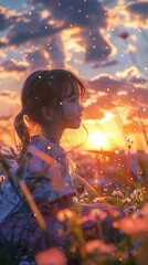 girl kawaii petite minor eyeliner, brown eyes, - indigo hair, braided ponytail, hair down, hair pulled back, happy, soft socks shoes outdoors, warm sunset light sun, rays of light sparkle deep shadows