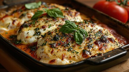 A dish of savory chicken Parmesan, topped with melted cheese.