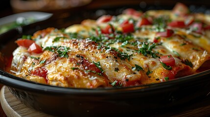 A dish of savory chicken Parmesan, topped with melted cheese.