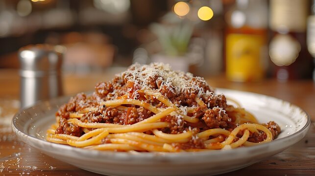 A serving of classic spaghetti Bolognese, topped with Parmesan cheese.