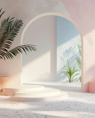 minimalistic pastel-coloured interior with a podium and a n arch, the perfect perspective for a fashion photoshoot, mockup, product stage