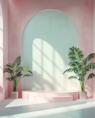 Fototapeta premium minimalistic pastel-coloured interior with a podium and a n arch, the perfect perspective for a fashion photoshoot, mockup, product stage