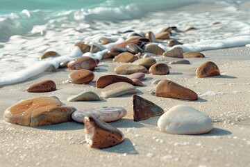 Triangle-Shaped Pebbles: Unique triangle-shaped pebbles laid out on a soft, white sandy beach, with the calm, aqua sea waves