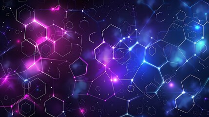 abstract background with hexagon pattern and glowing dots on blue purple color, vector illustration. Digital technology concept for banner design