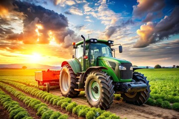 Fototapeta premium A green tractor is driving through a field of vegetables