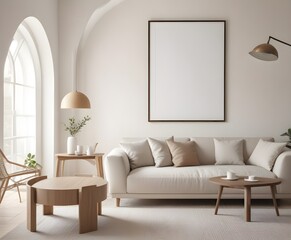 Frame mockup, ISO A paper size. Living room poster mockup. Modern interior design. Living room Interior mockup with house background. 3D render