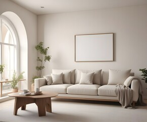 Frame mockup, ISO A paper size. Living room poster mockup. Modern interior design. Living room Interior mockup with house background. 3D render