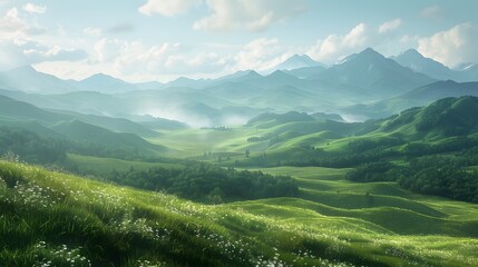 Obraz premium A beautiful, lush green field with a mountain range in the background