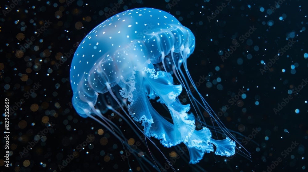 Poster a jellyfish emitting a soft blue glow as it floats through the dark waters of the ocean.