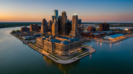 Detroit skyline at sunset, reflecting on the tranquil waters of the Detroit River front, Travel. Generative ai.