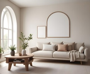 Frame mockup, ISO A paper size. Living room poster mockup. Modern interior design. Living room Interior mockup with house background. 3D render