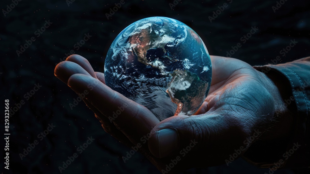 Sticker earth held in human hand