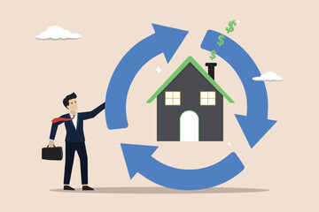 Home owner exchange for regular payment, real estate for banking payment concept, businessman with reverse mortgage house produce dollar money signs.