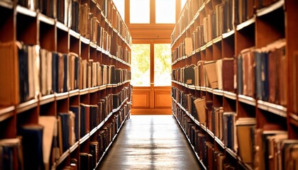 A Sunlight-Filled Library Hallway Lined With Bookshelves
