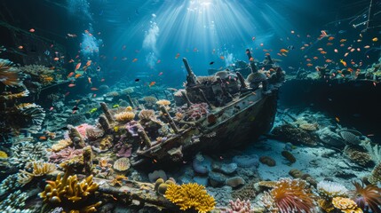 Beautiful colorful corals under the sea and schools of fish