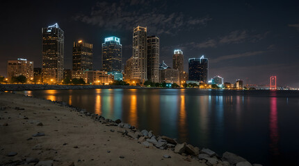 Detroit skyline at sunset, reflecting on the tranquil waters of the Detroit River front, Travel. Generative ai.