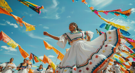 A group of dancers in traditional Mexican attire, wearing white and red psychedelic fractal patterned ponchos with bright rainbow stripes dancing under colorful flags at an outdoor fiesta in the villa