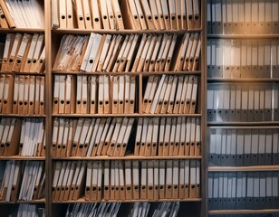 Rows Of Brown And Gray File Folders On Wooden Shelves